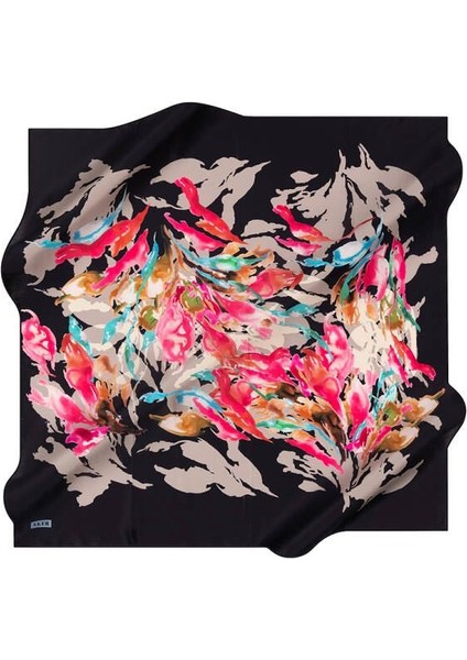 Çiçek Desenli 90X90 Aker Ipek Tivil Eşarp Lacivert