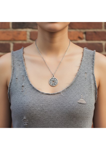 Koruma - Feng Shui Çin Şans Parası Gümüş Kaplama Düz Zincir Kolye