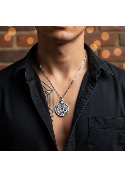 Koruma - Feng Shui Çin Şans Parası Gümüş Kaplama Düz Zincir Kolye fiyatları