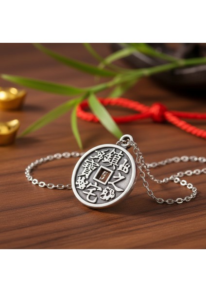 Koruma - Feng Shui Çin Şans Parası Gümüş Kaplama Düz Zincir Kolye fırsatları