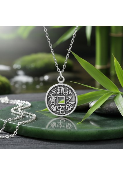 Koruma - Feng Shui Çin Şans Parası Gümüş Kaplama Düz Zincir Kolye indirimleri