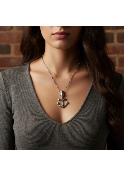 Kuru Kafa Deniz Çapa Gümüş Kaplama Düz Zincir Kolye