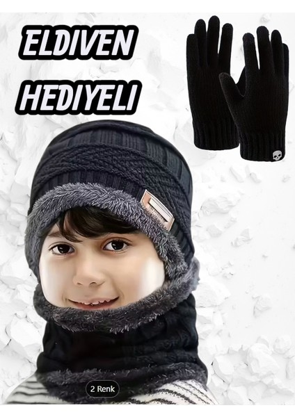 Çocuk Siyah Şapka ve Bere Eldiven Hediyeli Set Erkek Kız Kalın Şapka Bebek Şapkaları Yaş 1-4 Yaş