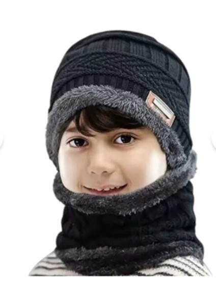 Çocuk Siyah Şapka ve Bere Eldiven Hediyeli Set Erkek Kız Kalın Şapka Bebek Şapkaları Yaş 1-4 Yaş modelleri