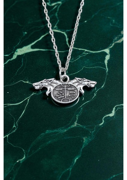 Kam - Şaman Davulu Kurt Gümüş Kaplama Düz Zincir Kolye