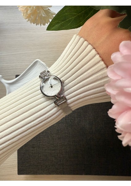 Retro Minimal Hasır Kordon Vintage Kadın Kol Saati Gümüş