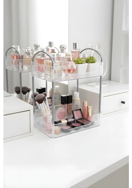 Iki Katlı Gümüş Detaylı Makyaj Organizeri | Kozmetik & Takı Düzenleyici