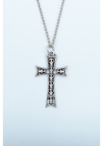 Kuru Kafalı Haç Gümüş Kaplama Düz Zincir Kolye