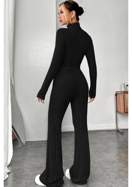 - Kadın Siyah Boğazlı Crop Top ve Yüksek Bel Eşofman Takımı Spor Şık Kombin fiyatları