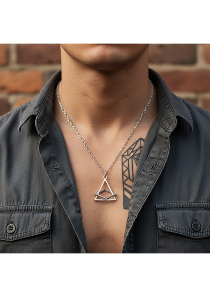 Üçgen Kare Geometrik Gümüş Kaplama Düz Zincir Kolye