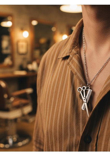 Berber - Makas - Tarak Gümüş Kaplama Düz Zincir Kolye