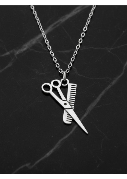 Berber - Makas - Tarak Gümüş Kaplama Düz Zincir Kolye modelleri