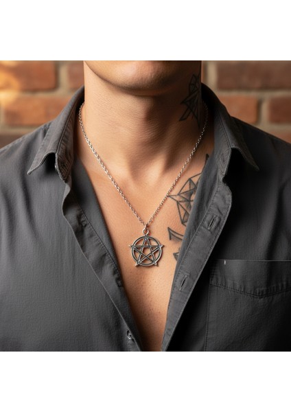 Pentagram Yıldızı Gümüş Kaplama Düz Zincir Kolye