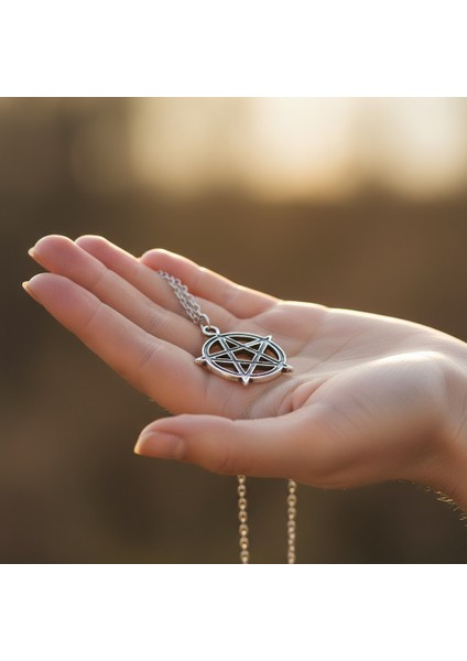 Pentagram Yıldızı Gümüş Kaplama Düz Zincir Kolye indirimleri