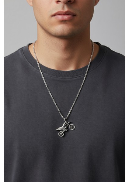 Cross Motor Gümüş Kaplama Düz Zincir Kolye