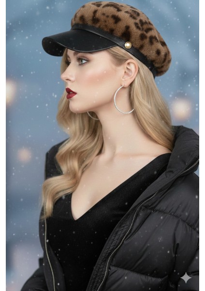 Leopar Dokulu Faux Fur Baker Boy Kadın Şapkası