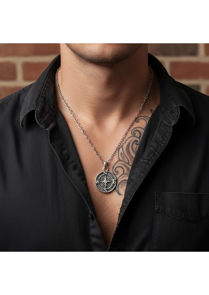 Minimal Pusula Gümüş Kaplama Düz Zincir Kolye