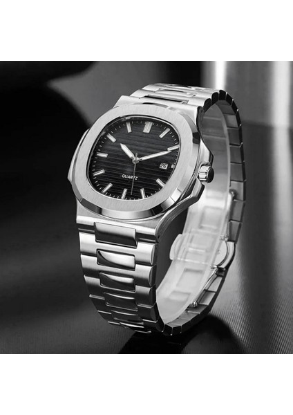 Çelik Kasa Kordon Siyah Kadran Erkek Kol Saati - Eşref Tek Patek Model, Fosforlu, Takvimli, Su Geçirmez, Kelebek Klips