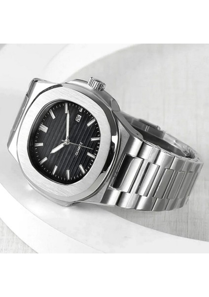 Çelik Kasa Kordon Siyah Kadran Erkek Kol Saati - Eşref Tek Patek Model, Fosforlu, Takvimli, Su Geçirmez, Kelebek Klips fiyatları