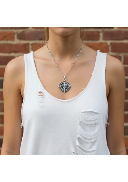 Pusula Gümüş Kaplama Düz Zincir Kolye