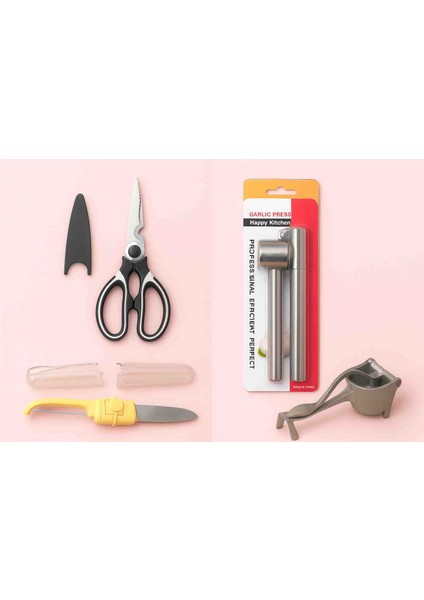 Çok Yönlü Makas , Sarmısak Press, Meyve Press , Çift Taraflı Sebze Soyacak Bıçak Kamp Seti 4 Lü Set