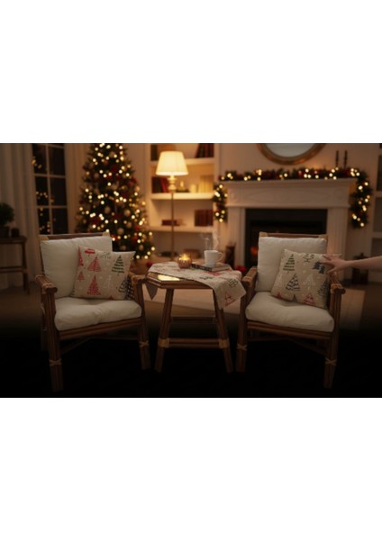 2’li Noel Kırlent Kılıfı & Runner 3'lü Set | Yılbaşı Temalı Dekoratif Yastık Kılıfı & Runner Set fırsatları