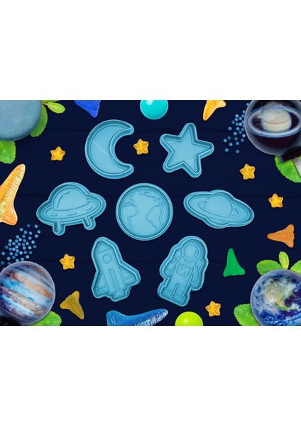 Uzay Temalı Kurabiye Kalıbı Seti – 7’li | Ay – Yıldız – Dünya – Uzaylı – Roket – Gezegen – Astronot