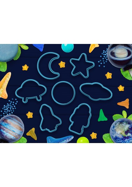 Uzay Temalı Kurabiye Kalıbı Seti – 7’li | Ay – Yıldız – Dünya – Uzaylı – Roket – Gezegen – Astronot fiyatları
