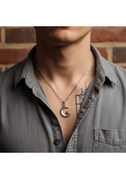 Ay Yıldız Gümüş Kaplama Düz Zincir Kolye