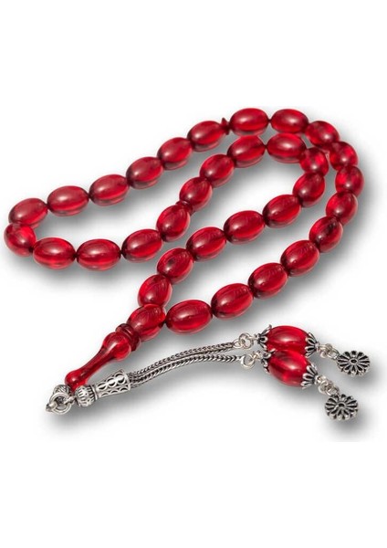 Hk Sıkma Kehribar Tesbih Gümüş Püskül Kırmızı Ateş|gümüş Takı Hediyelik Ürünler