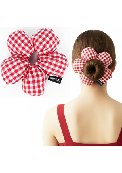 El Yapımı Pötikare Desenli Scrunchies Toka - Kırmızı Beyaz