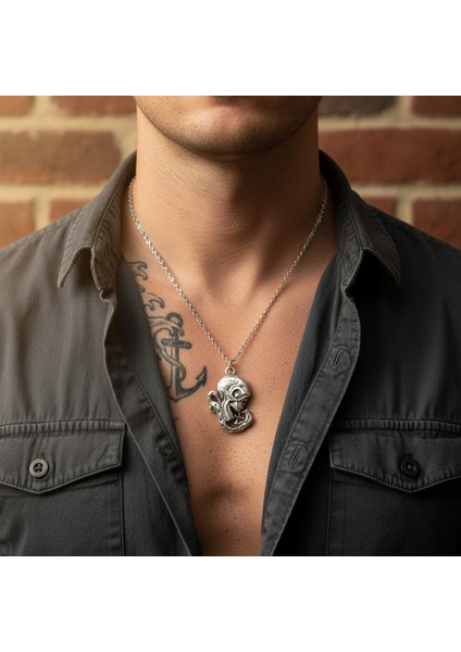 Yılan - Kuru Kafa - Venom Gümüş Kaplama Düz Zincir Kolye