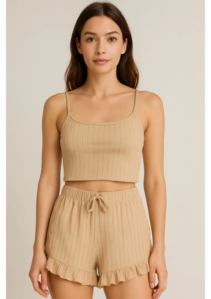Crop Takım - Askılı Crop Takım Likralı Bej (Xl)