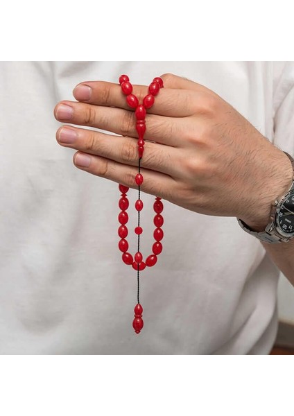 Hk Sıkma Kehribar (Ateş Kehribar) Tesbih Kapsül Kesim Düz Kırmızı (33 Tane Metal Püskülsüz)|gümüş Takı Hediyelik Ürünler