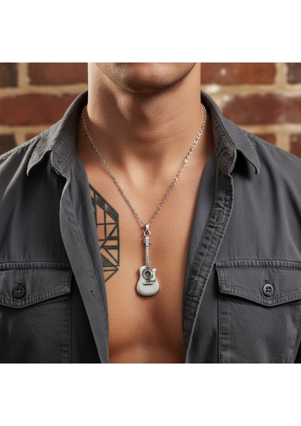 Müzik - Gitar Gümüş Kaplama Düz Zincir Kolye