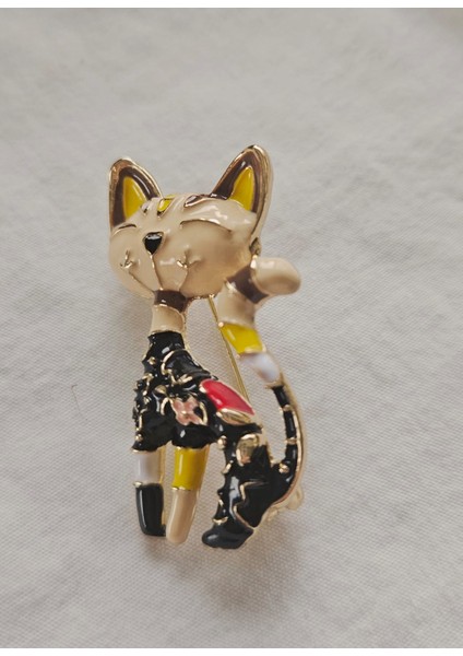 Sarı-Siyah Kedili Üç Boyutlu Broş-Yaka Iğnesi-Çanta Aksesuar