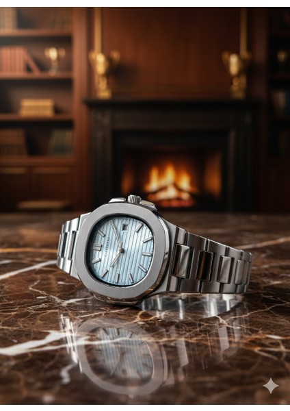 Patek Model Çelik Kasa Kordon Turkuaz Kadran Erkek Kol Saati - Eşref Tek Saati, Fosforlu, Takvimli, Su Geçirmez, Kelebek Klips