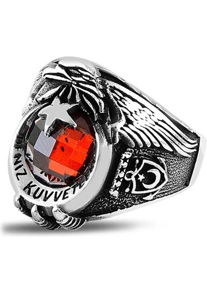 Gümüş Ayyıldız Deniz Kuvvetleri Kırmızı Taşlı Erkek Yüzük fiyatları