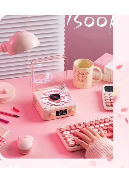 Waves Nostalji Plak Görünümlü Hoparlör 3D Ses Dalgası Müzik Plak Pembe indirimleri