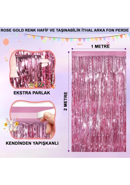Rose Renk Ekstra Metalize Parlak Saçaklı Arka Fon Perde Ithal A Kalite 1x2 Metre
