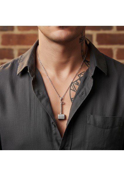 Sonsuz Güç - Thor Çekici Gümüş Kaplama Düz Zincir Kolye fiyatları