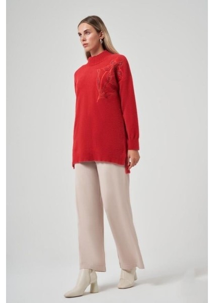 7004 Sıfır Yaka Çiçek Nakış Işlemeli Angora Tunik