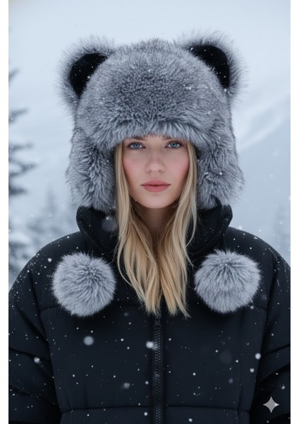 Sevimli Ayıcık Kulaklı Ushanka Şapka Ponpon Detaylı Kışlık Şapka