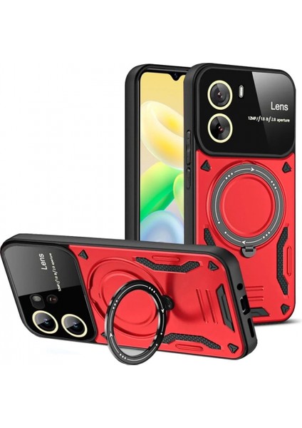 Vivo Y16 Kılıf Joy Lens Standlı Kapak - Kırmızı