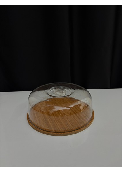 Yuvarlak Ahşap Standlı Plastik Kapaklı Kek Sunum Standı - Kek Kabı - Pasta Saklama Kabı