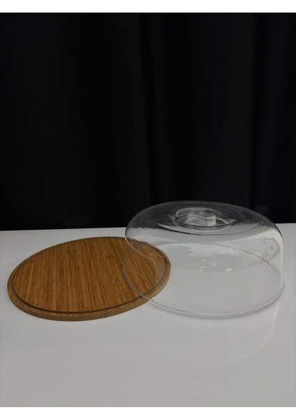 Yuvarlak Ahşap Standlı Plastik Kapaklı Kek Sunum Standı - Kek Kabı - Pasta Saklama Kabı modelleri