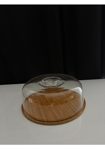 Yuvarlak Ahşap Standlı Plastik Kapaklı Kek Sunum Standı - Kek Kabı - Pasta Saklama Kabı fırsatları