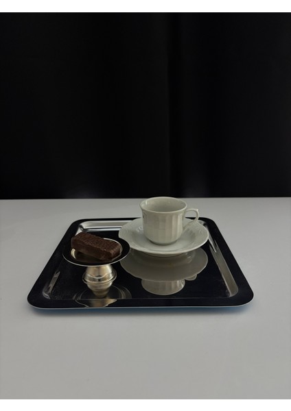 4 Adet Lüx Kare Paslanmaz Çelik Gümüş Renk 21X21CM Kahve Servis Sunum Tepsisi&lokum Sunum Tabağı