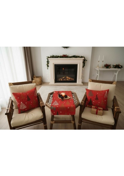 2’li Noel Kırlent Kılıfı & Runner 3'lü Set | Yılbaşı Temalı Dekoratif Yastık Kılıfı & Runner Set