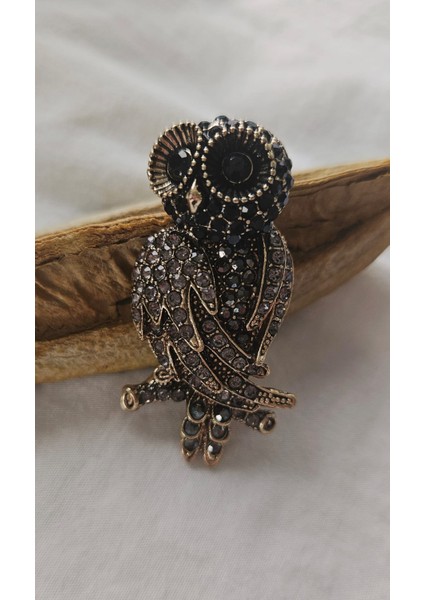 Taşlı Siyah Baykuş Üç Boyutlu Broş-Yaka Iğnesi-Çanta Aksesuar